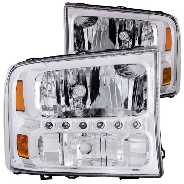ANZO USA - Headlight Set Crystal Clear Lens Chrome Housing Pair w/1 Pc. LED Not For Use W/Sealed Beam Headlights Does Not Fit F-250 Light Duty Or Sealed Beam Models Ford Excursion 2000-2004, Ford F-250/F-350/F-450/F-550 Super Duty 1999-2004 ANZO USA