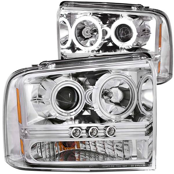ANZO USA - Headlight Set Projector w/Halo Clear Lens Chrome Housing Pair w/1 Pc. LED Does Not Fit F-250 Light Duty Or Sealed Beam Models Ford F-250/F-350/F-450/F-550 Super Duty 2005-2007 ANZO USA