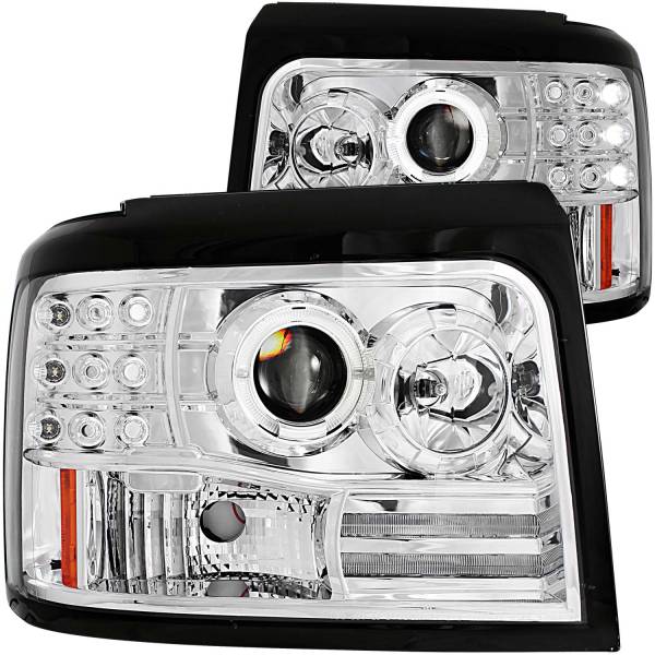 ANZO USA - Headlight Set Projector w/Halo Clear Lens Chrome Housing Pair W/Side Marker And Parking Lights Ford Bronco/F-150/F-250 1992-1996, Ford F-250 HD 1997, Ford F-350 1992-1998 ANZO USA