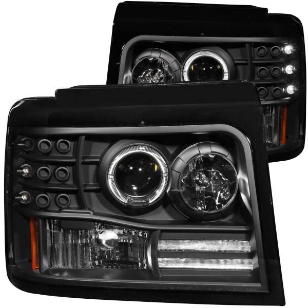 ANZO USA - Headlight Set Projector w/Halo Clear Lens Black Housing Pair W/Side Marker And Parking Lights Ford Bronco/F-150/F-250 1992-1996, Ford F-250 HD 1997, Ford F-350 1992-1998 ANZO USA