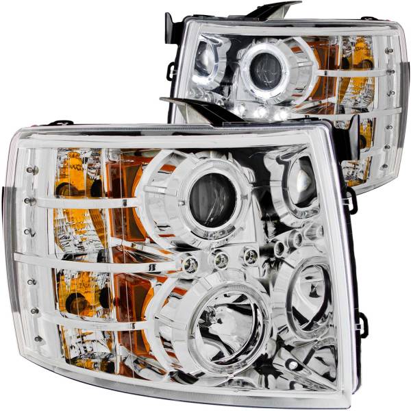 ANZO USA - Headlight Set Projector w/Halo Clear Lens Chrome Housing Pair Chevrolet Silverado 1500 2007-2013, 2500 HD/3500 HD 2007-2014 ANZO USA