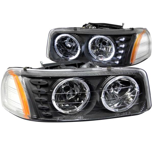 ANZO USA - Headlight Set Crystal w/Halo Clear Lens Black Housing Pair w/1 Pc. LED GMC Sierra 1500 1999-2007, 1500 HD/2500 HD/3500 2001-2007, GMC Sierra 2500 1999-2004, GMC Yukon/XL 1500/XL 2500 2000-2006 ANZO USA