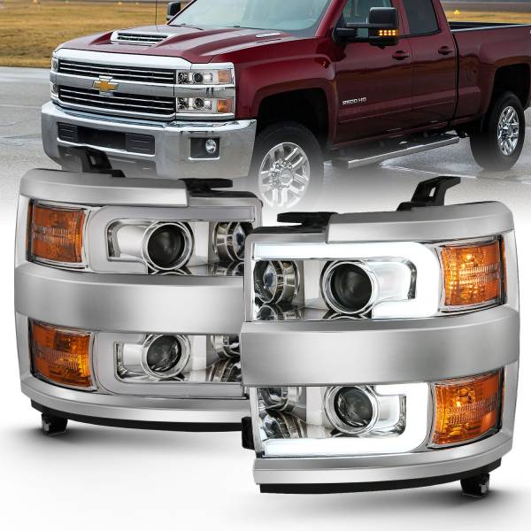 ANZO USA - Projector Headlights W/ Plank Style Design Chrome W/ Amber Chevrolet Silverado 2500 HD/3500 HD 2015-2019 ANZO USA