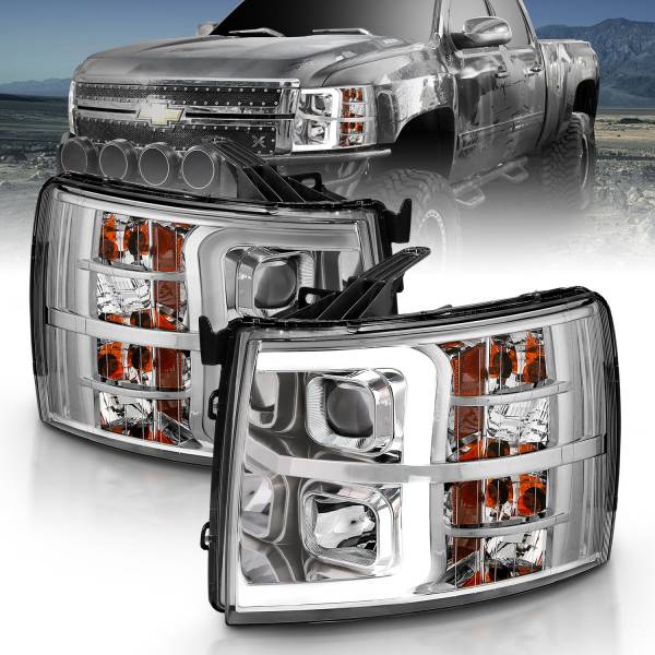 ANZO USA - Projector Headlights Plank Style Chrome Amber Pair Chevrolet Silverado 1500/3500 2007-2013, 2500/2500 HD/3500 HD 2007-2014 ANZO USA