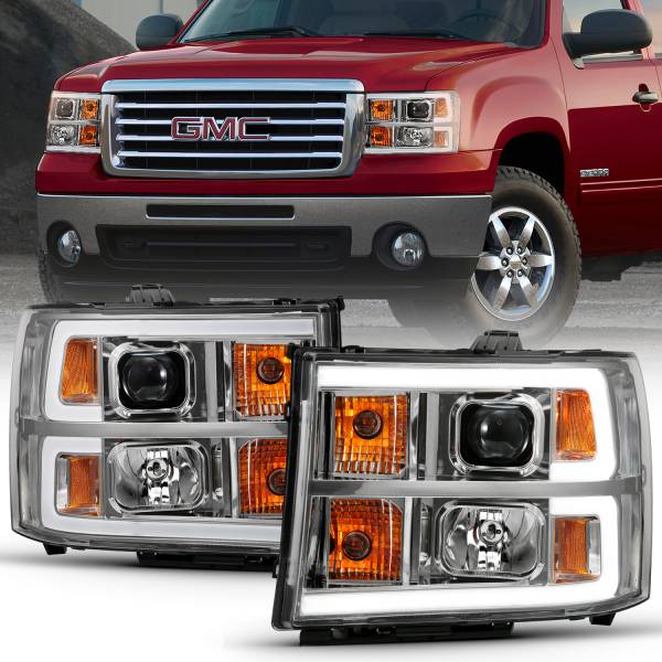 ANZO USA - Projector Headlight Plank Style Chrome K W/ Clear Lens Amber GMC Sierra 1500 2007-2013, 2500 HD/3500 HD 2007-2014 ANZO USA