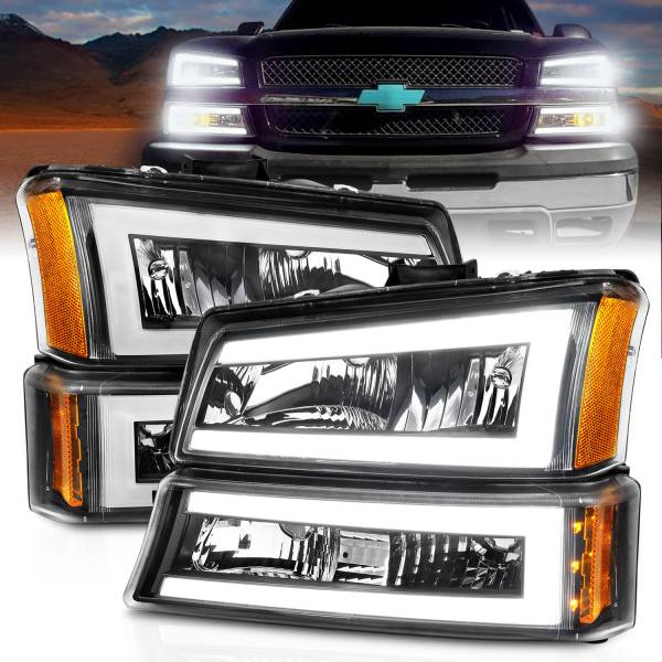ANZO USA - Crystal Headlight Set W/ LED Light Bar Style Black Housing Clear Lens Pair Chevrolet Avalanche 1500/Avalanche/Avalanche Silverado 2500 2003-2006, Chevrolet Silverado 1500/1500 HD/2500 HD/3500 2003-2007 ANZO USA