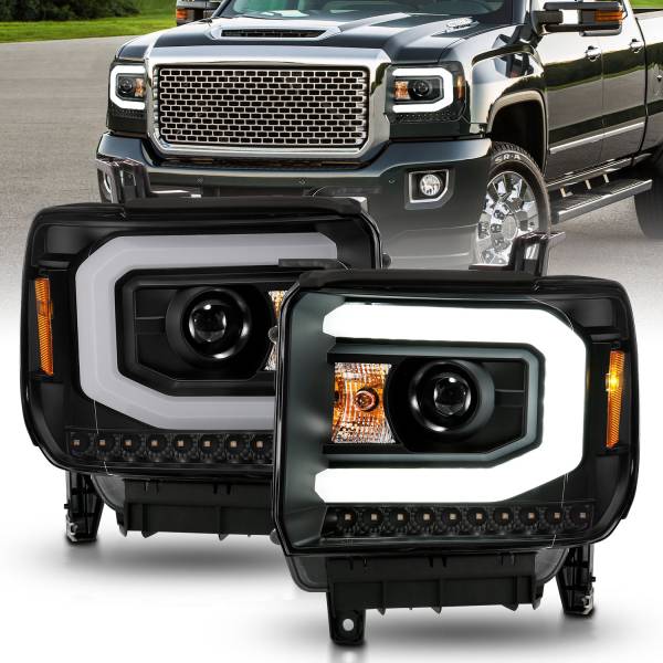 ANZO USA - Projector Headlights W/ Plank Style Black Housing Clear Lens Pair GMC Sierra/1500 2014-2015, GMC Sierra 2500 HD/3500 HD 2015-2019 ANZO USA