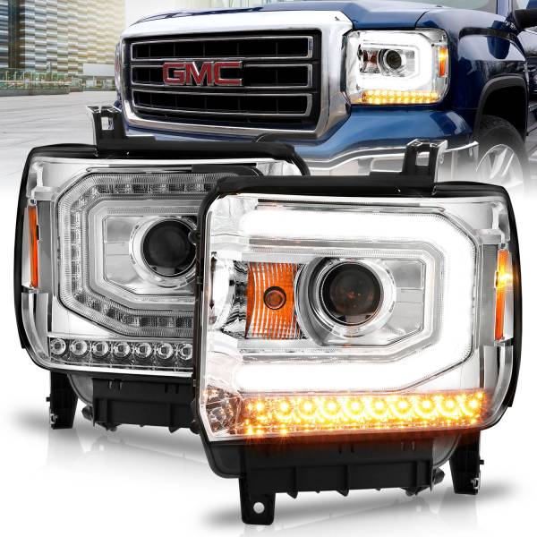 ANZO USA - Projector Headlights W/ Plank Style Chrome Housing Clear Lens Pair GMC Sierra/1500 2014-2015, GMC Sierra 2500 HD/3500 HD 2015-2019 ANZO USA