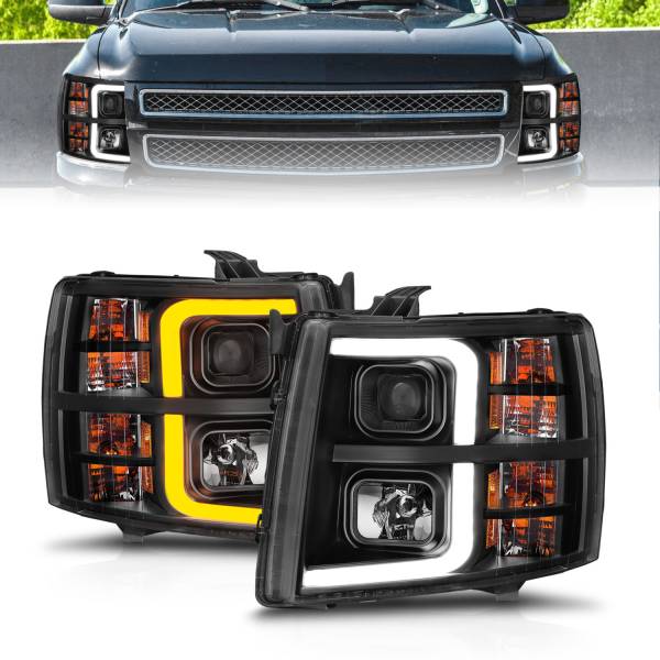 ANZO USA - Projector Headlights W/ Light Bar Style Sequential Black Housing Clear Lens Pair Chevrolet Silverado 1500/3500 2007-2013, 2500/2500 HD/3500 HD 2007-2014 ANZO USA