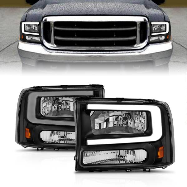 ANZO USA - Crystal Headlight Set W/ Light Bar Style Black Housing Clear Lens Pair Ford Excursion 2000-2004, Ford F-250/F-350/F-350/F-450 Super Duty 1999-2004 ANZO USA