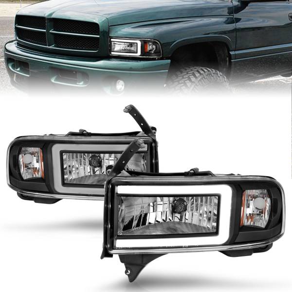ANZO USA - Crystal Headlight Set W/ Light Bar Style Black Housing Clear Lens Pair Dodge Ram 1500 1994-2001, 2500/3500 1994-2002 ANZO USA