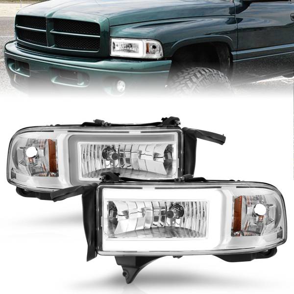 ANZO USA - Crystal Headlight Set W/ Light Bar Style Chrome Housing Clear Lens Pair Dodge Ram 1500 1994-2001, 2500/3500 1994-2002 ANZO USA