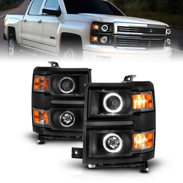 ANZO USA - Projector Headlights W/ Halo Black Trim Black Housing Clear Lens Pair Chevrolet Silverado 1500/2500/2500 HD/3500 HD 2014-2015, 3500 2015 ANZO USA
