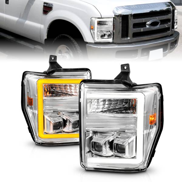 ANZO USA - Projector Headlights W/ Light Bar Style Switchback Chrome Housing Clear Lens Pair Ford F-250 Super Duty/F-350/F-450/F-550 Super Duty 2008-2010 ANZO USA