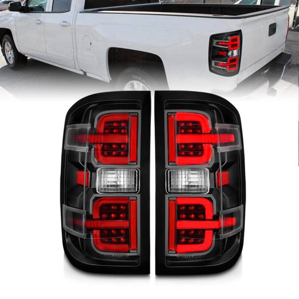 ANZO USA - Tail Light Set LED W/ Light Bar Style Black Housing Clear Lens Pair Chevrolet Silverado 1500 2014-2018, 2500/3500 2015-2018, 2500 HD/3500 HD 2015-2019, GMC Sierra 3500 HD 2015-2019 ANZO USA