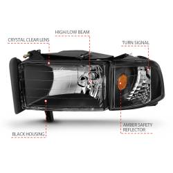 ANZO USA - Headlight Set Crystal Clear Lens Black Housing Pair Does Not Fit Ram Models With Sport Package Dodge Ram 1500 1994-2001 Ram 2500/3500 1994-2002 ANZO USA - Image 6