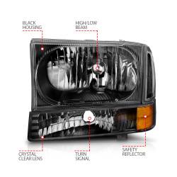 ANZO USA - Headlight Set Crystal Clear Lens Black Housing Pair 2 Pc Does Not Fit F-250 Light Duty Or Sealed Beam Models Ford Excursion 2000-2004, Ford F-250/F-350/F-450/F-550 Super Duty 1999-2004 ANZO USA - Image 6