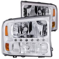 Headlight Set Crystal Clear Lens Chrome Housing Pair w/1 Pc. LED Not For Use W/Sealed Beam Headlights Does Not Fit F-250 Light Duty Or Sealed Beam Models Ford Excursion 2000-2004, Ford F-250/F-350/F-450/F-550 Super Duty 1999-2004 ANZO USA