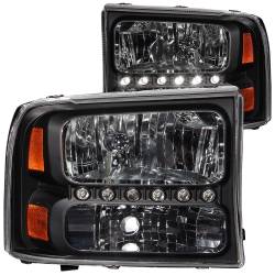 Headlight Set Crystal Clear Lens Black Housing w/1 Pc. LED Strip Pair Not For Use W/Sealed Beam Headlights Does Not Fit F-250 Light Duty Or Sealed Beam Models Ford Excursion 2000-2004, Ford F-250/F-350/F-450/F-550 Super Duty 1999-2004 ANZO USA