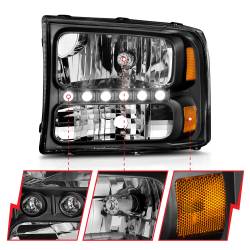 ANZO USA - Headlight Set Crystal Clear Lens Black Housing w/1 Pc. LED Strip Pair Not For Use W/Sealed Beam Headlights Does Not Fit F-250 Light Duty Or Sealed Beam Models Ford Excursion 2000-2004, Ford F-250/F-350/F-450/F-550 Super Duty 1999-2004 ANZO USA - Image 6