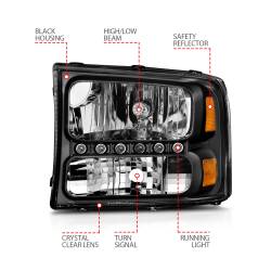 ANZO USA - Headlight Set Crystal Clear Lens Black Housing w/1 Pc. LED Strip Pair Not For Use W/Sealed Beam Headlights Does Not Fit F-250 Light Duty Or Sealed Beam Models Ford Excursion 2000-2004, Ford F-250/F-350/F-450/F-550 Super Duty 1999-2004 ANZO USA - Image 7