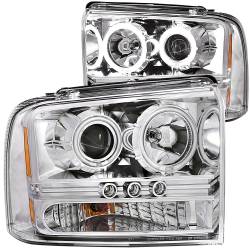 Headlight Set Projector w/Halo Clear Lens Chrome Housing Pair w/1 Pc. LED Does Not Fit F-250 Light Duty Or Sealed Beam Models Ford F-250/F-350/F-450/F-550 Super Duty 2005-2007 ANZO USA