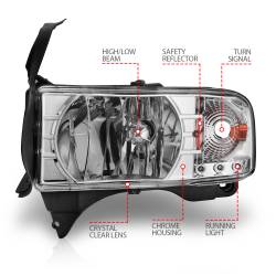 ANZO USA - Headlight Set Crystal Clear Lens Chrome Housing Pair w/1 Pc. LED Does Not Fit Ram Models With Sport Package Dodge Ram 1500 1994-2001, Dodge Ram 2500/3500 1994-2002 ANZO USA - Image 7