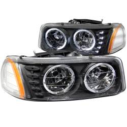 Headlight Set Crystal w/Halo Clear Lens Black Housing Pair w/1 Pc. LED GMC Sierra 1500 1999-2007, 1500 HD/2500 HD/3500 2001-2007, GMC Sierra 2500 1999-2004, GMC Yukon/XL 1500/XL 2500 2000-2006 ANZO USA