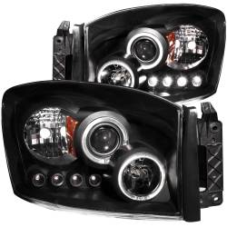 Headlight Set Projector w/Halo Clear Lens Black Housing Pair Dodge Ram 1500 2006-2008, 2500/3500 2006-2009 ANZO USA