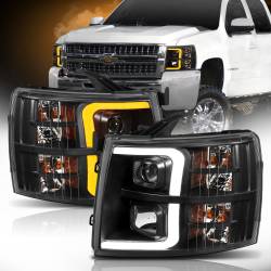 Projector Headlights W/ Plank Style Switchback Black W/ Amber Chevrolet Silverado 1500 (Not for Classic Bodystyle)/3500 (Not for Classic Bodystyle) 2007-2013, 2500/2500 HD (Not for Classic Bodystyle)/3500 HD 2007-2014 ANZO USA