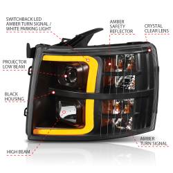 ANZO USA - Projector Headlights W/ Plank Style Switchback Black W/ Amber Chevrolet Silverado 1500 (Not for Classic Bodystyle)/3500 (Not for Classic Bodystyle) 2007-2013, 2500/2500 HD (Not for Classic Bodystyle)/3500 HD 2007-2014 ANZO USA - Image 6