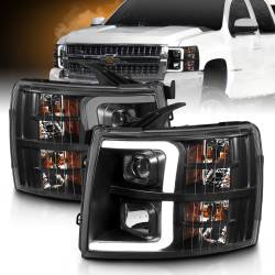 Projector Headlights Plank Styel Black Amber Pair Chevrolet Silverado 1500/3500 2007-2013, 2500/2500 HD/3500 HD 2007-2014 ANZO USA