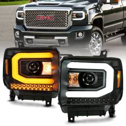 Projector Headlights Plank Style Black W/ Switchback GMC Sierra/1500 2014-2015, GMC Sierra 2500 HD/3500 HD 2015-2019 ANZO USA