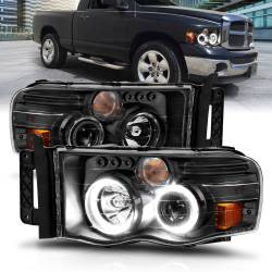Projector Headlights Black Housing W/ Halo Clear Lens Pair Dodge Ram 1500 2002-2005, 2500/3500 2003-2005 ANZO USA