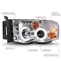 ANZO USA - Projector Headlights Chrome Housing W/ Halo Clear Lens Pair Dodge Ram 1500 2002-2005, 2500/3500 2003-2005 ANZO USA - Image 4