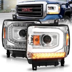 Projector Headlights W/ Plank Style Chrome Housing Clear Lens Pair GMC Sierra/1500 2014-2015, GMC Sierra 2500 HD/3500 HD 2015-2019 ANZO USA
