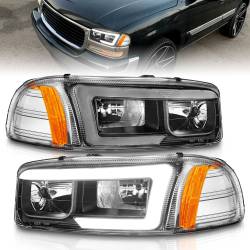Crystal Headlight Set W/ Light Bar Style Black Housing Clear Lens Pair GMC C3500/K3500 1999-2000, GMC Sierra 1500 1999-2007, 1500 HD/2500 HD/3500 2001-2007, GMC Sierra 2500 1999-2004, GMC Yukon/XL 1500/XL 2500 2000-2006 ANZO USA