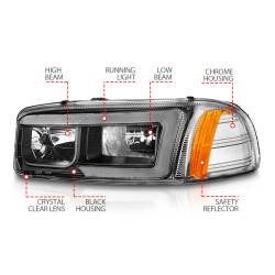 ANZO USA - Crystal Headlight Set W/ Light Bar Style Black Housing Clear Lens Pair GMC C3500/K3500 1999-2000, GMC Sierra 1500 1999-2007, 1500 HD/2500 HD/3500 2001-2007, GMC Sierra 2500 1999-2004, GMC Yukon/XL 1500/XL 2500 2000-2006 ANZO USA - Image 4