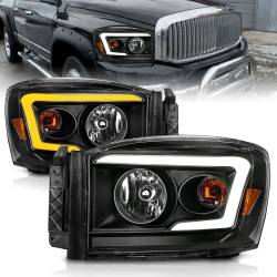 Crystal Headlight Set W/ Light Bar Style Switchback Black Housing Clear Lens Pair Dodge Ram 1500/2500/3500 2006-2008 ANZO USA