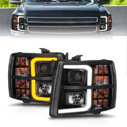 Projector Headlights W/ Light Bar Style Sequential Black Housing Clear Lens Pair Chevrolet Silverado 1500/3500 2007-2013, 2500/2500 HD/3500 HD 2007-2014 ANZO USA