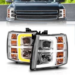 Projector Headlights W/ Light Bar Style Sequential Chrome Housing Clear Lens Pair Chevrolet Silverado 1500/3500 2007-2013, 2500/2500 HD/3500 HD 2007-2014 ANZO USA