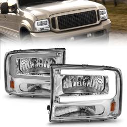 Crystal Headlight Set W/ Light Bar Style Chrome Housing Clear Lens Pair Ford Excursion 2000-2004, Ford F-250/F-350/F-350/F-450 Super Duty 1999-2004 ANZO USA