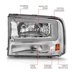 ANZO USA - Crystal Headlight Set W/ Light Bar Style Chrome Housing Clear Lens Pair Ford Excursion 2000-2004, Ford F-250/F-350/F-350/F-450 Super Duty 1999-2004 ANZO USA - Image 4