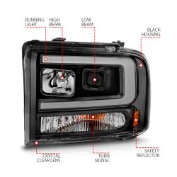 ANZO USA - Black Housing Clear Lens Pair Projector Headlights W/ Light Bar Style Ford Excursion 2005, Ford F-250/F-350/F-350/F-450/F-550 Super Duty 2005-2007 ANZO USA - Image 4