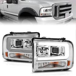 Projector Headlights W/ Light Bar Style Chrome Housing Clear Lens Pair Ford Excursion 2005, Ford F-250/F-350/F-350/F-450/F-550 Super Duty 2005-2007 ANZO USA