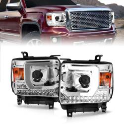 Projector Headlights W/ Light Bar Style Chrome Housing Clear Lens Pair GMC Sierra 1500 2014-2015, 2500 HD/3500 HD 2015-2019 ANZO USA