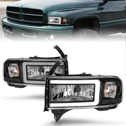 Crystal Headlight Set W/ Light Bar Style Black Housing Clear Lens Pair Dodge Ram 1500 1994-2001, 2500/3500 1994-2002 ANZO USA
