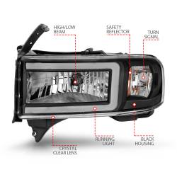 ANZO USA - Crystal Headlight Set W/ Light Bar Style Black Housing Clear Lens Pair Dodge Ram 1500 1994-2001, 2500/3500 1994-2002 ANZO USA - Image 4
