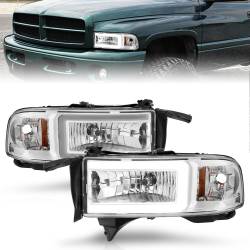 Crystal Headlight Set W/ Light Bar Style Chrome Housing Clear Lens Pair Dodge Ram 1500 1994-2001, 2500/3500 1994-2002 ANZO USA