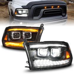 Dual Square LED Projector Headlights Sequential Light Bar Switchback Signal Black Housing Clear Lens Pair Ram 1500/2500/3500 2009-2018 ANZO USA